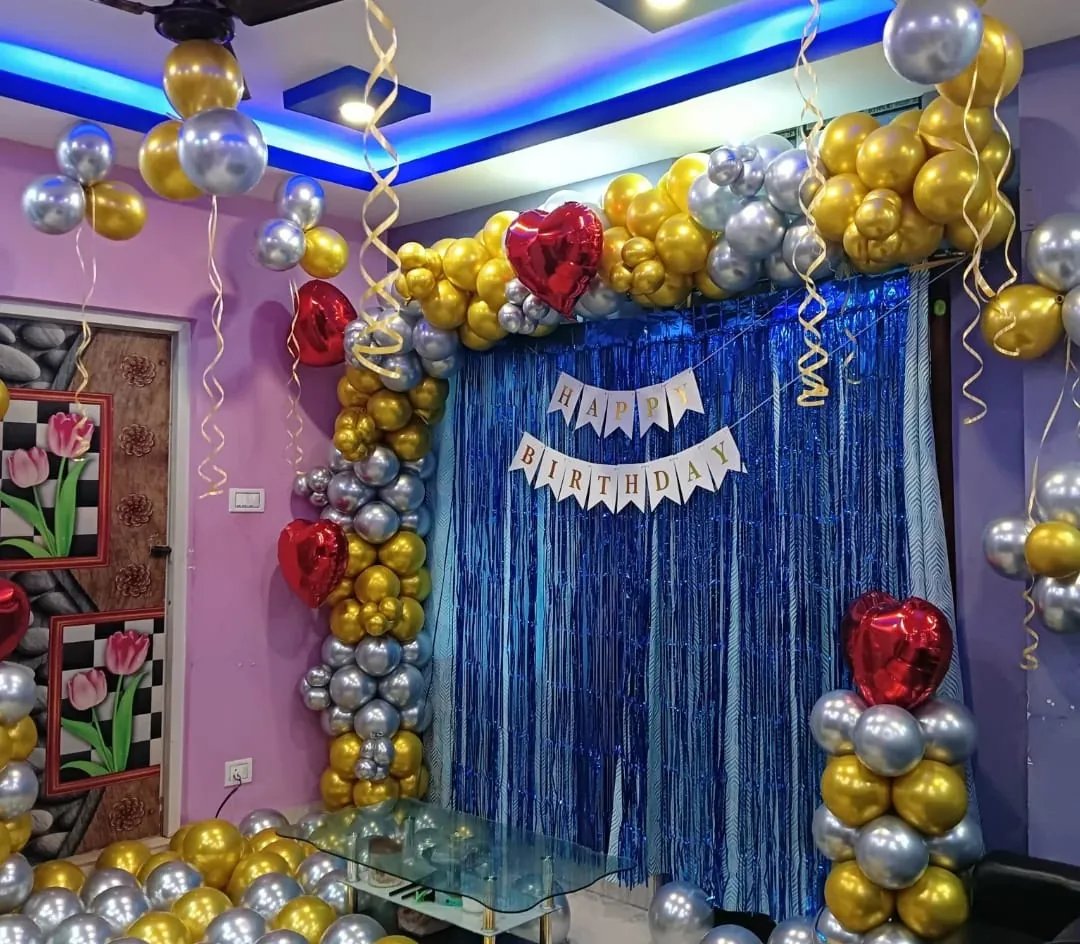 Gold silver and blue birthday room decoration