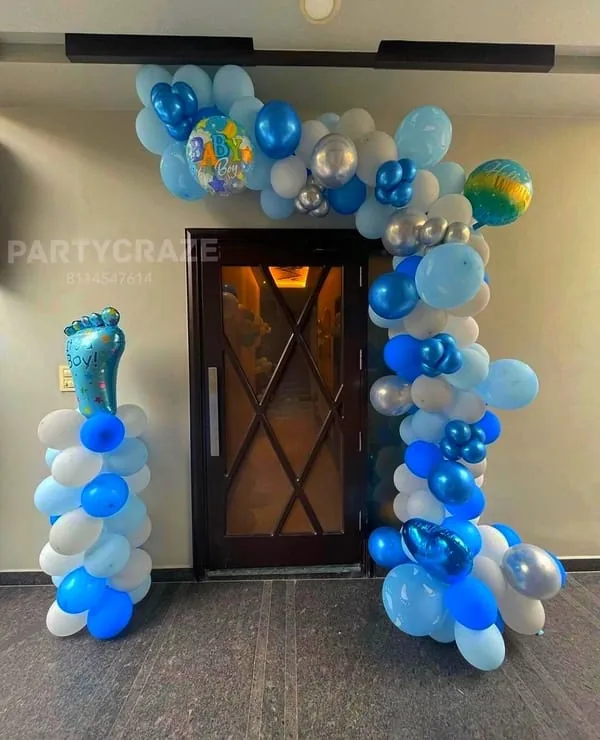 Blue balloon door arch for welcome baby decoration